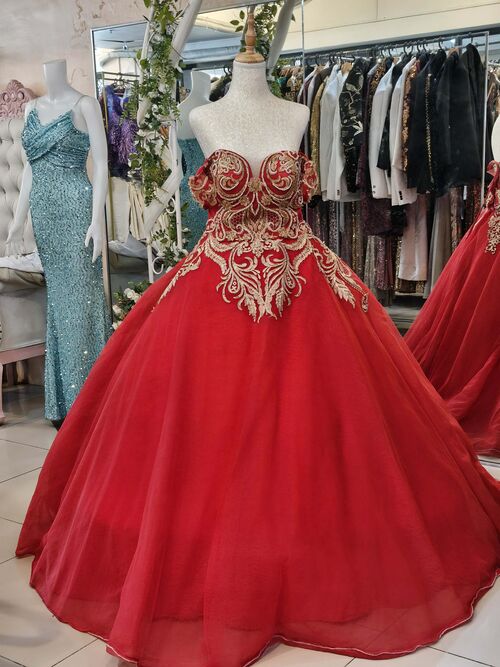 Plus Size Red Offshoulder Long Back Ball Gown