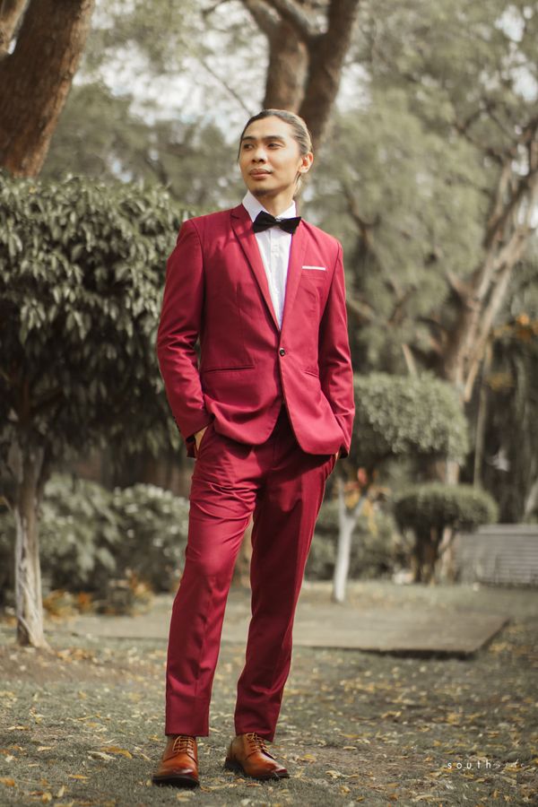 Maroon EV White Line Pocket - E Tuxedo Suit Set