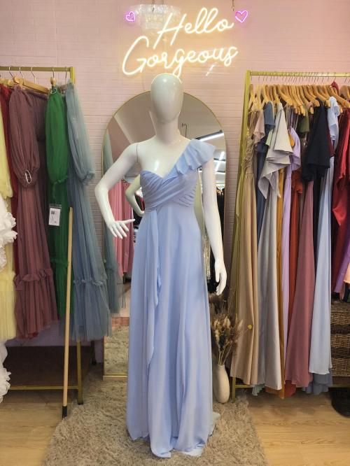 Powder Blue One Shoulder Ruffle Bridesmaid Gown