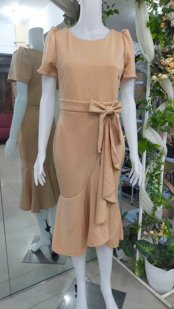Nude Puff Sleeves Ruffled Skirt Cocktail Mother Dress