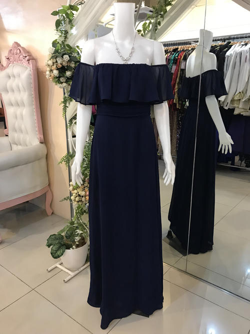 Navy Blue Offshoulder Chiffon Slit Bridesmaid Gown