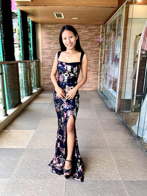 Black Floral Design Sequins Long Gown