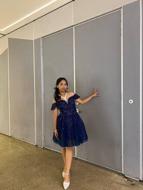 Navy Blue Off-Shoulder Glittery Umbrella Cocktail Gown