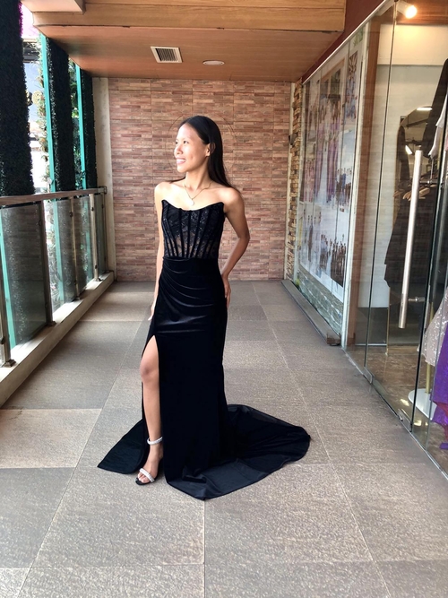 Black Tube Corset with Velvet Trail Long Gown