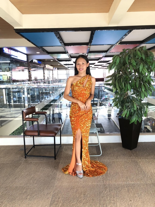 Orange One Shoulder Full Sequins Glittery Slit Long Gown