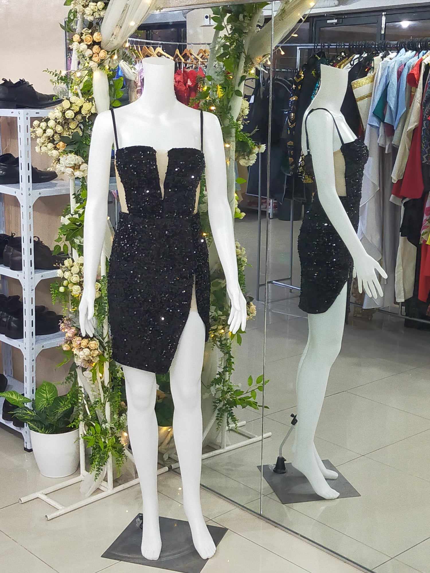 Black Spaghetti Strap Side Mesh Sequins Glittery Cocktail Dress