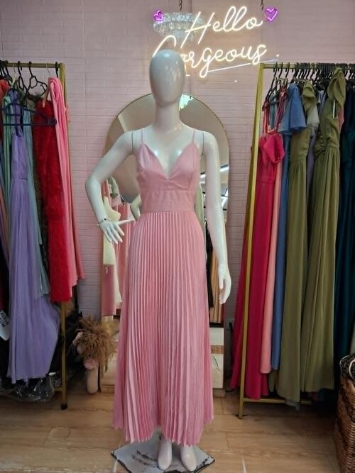 Pastel Pink Backless Pleated Maxi Dress