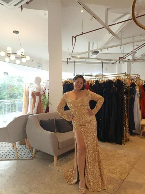 Plus Size Gold Longsleeves Sequins Glittery Slit Long Gown
