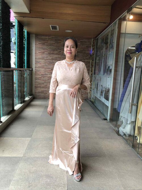 Nude 3/4 Lace Satin Ruffled Mother Gown