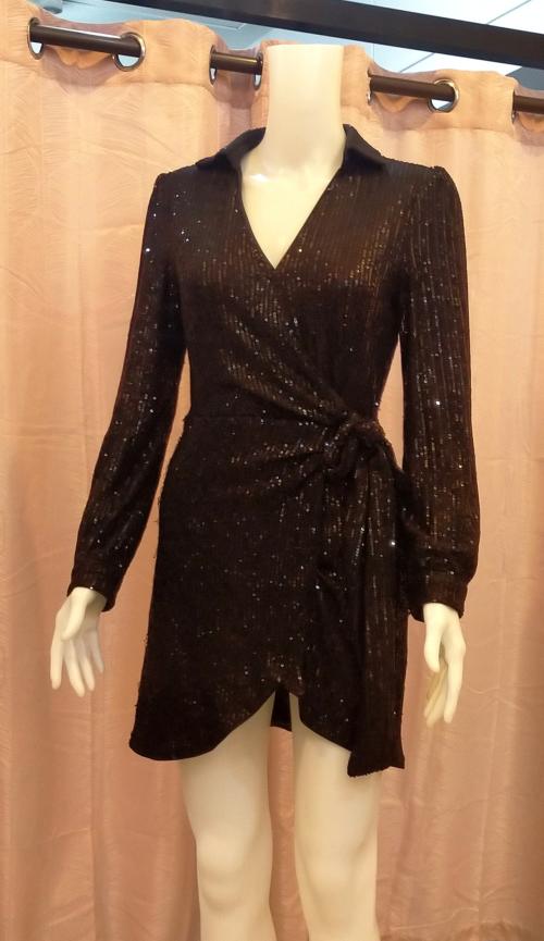 Black Longsleeves Side Knot Sequins Glittery Cocktail Dress    Double Crazy