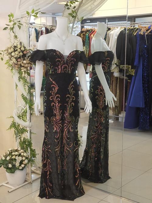 Plus Size Black Colorful Off Shoulder Sequin Long Gown 