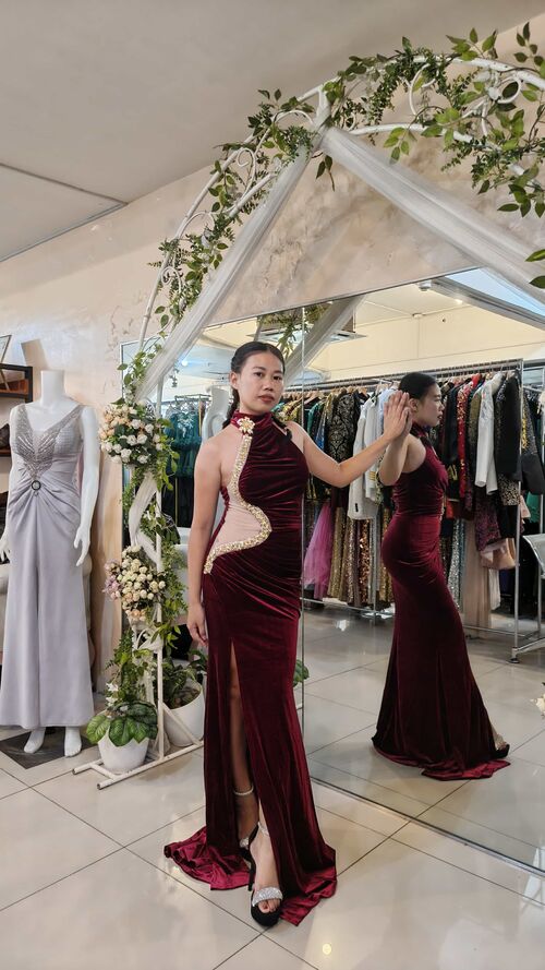 Red Maroon Velvet Trumpet Mermaid Long Gown