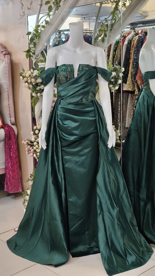 Green Off shoulder Satin Skirt With Drape