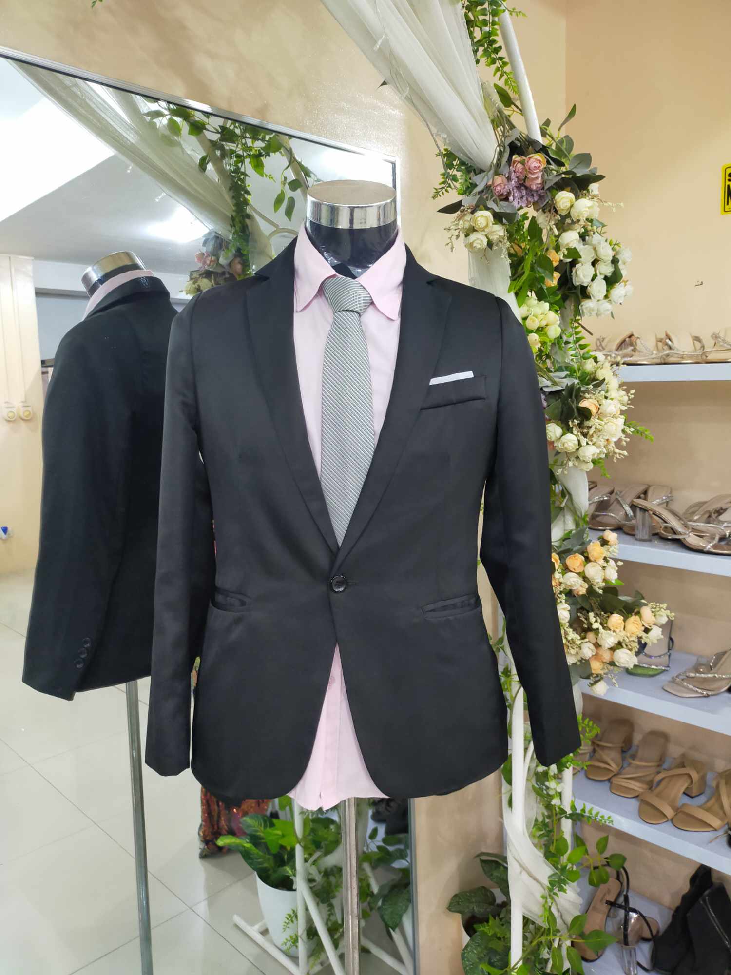 Plus Size Black Tuxedo Suit Set White Line Pocket