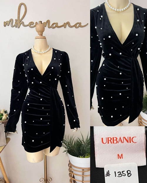 Black Lonsgleeves White Beads Cocktail Dress