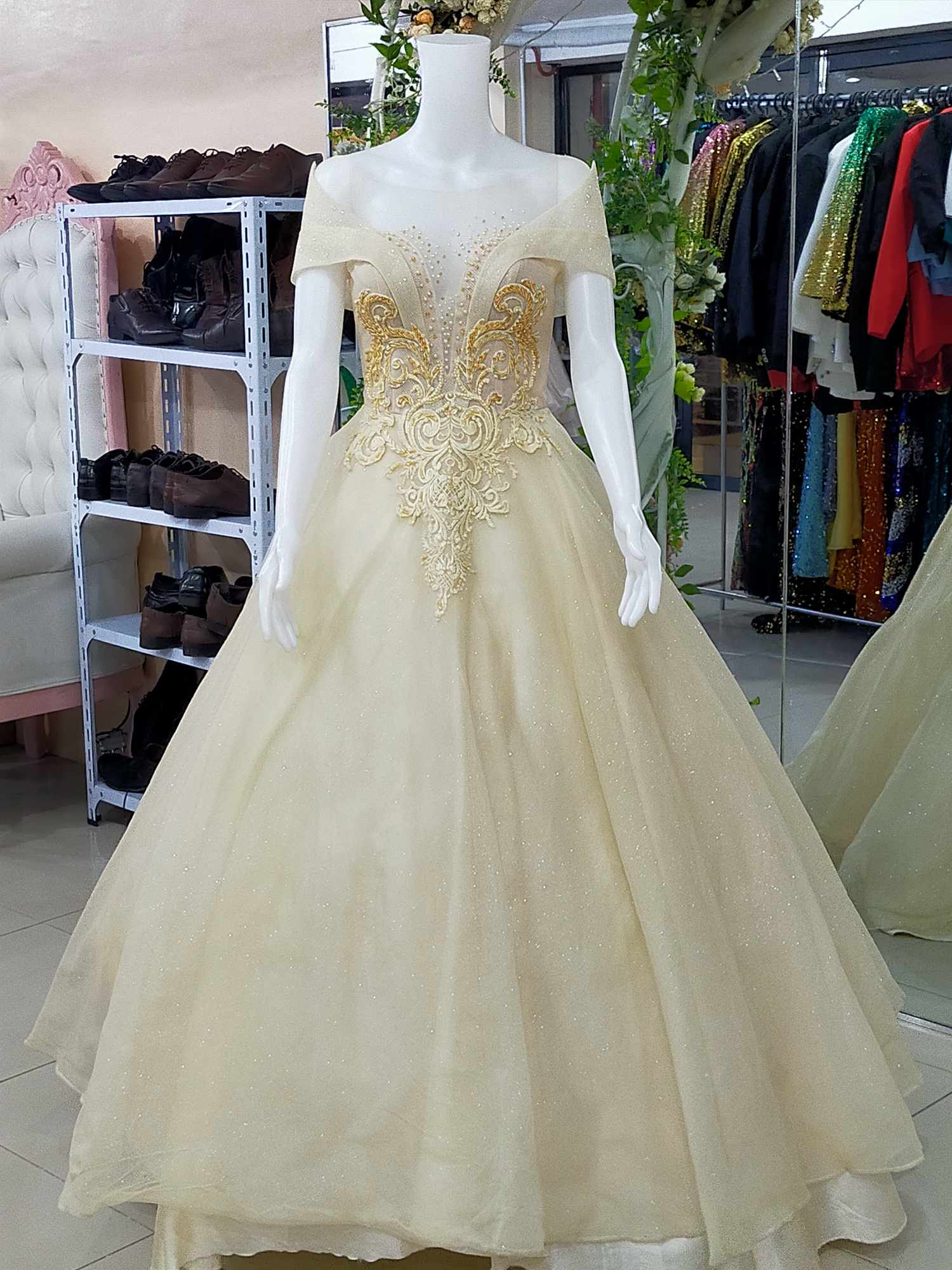 Nude Gold Filipiniana Pointed Sleeves Ball Gown