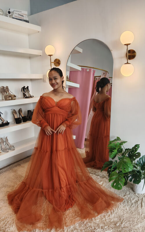 Rust Orange Maternity Off-Shoulder Ruffles Tulle Dress
