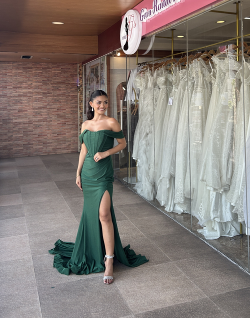 Emerald Green Velvet OffShoulder Slit Long Gown