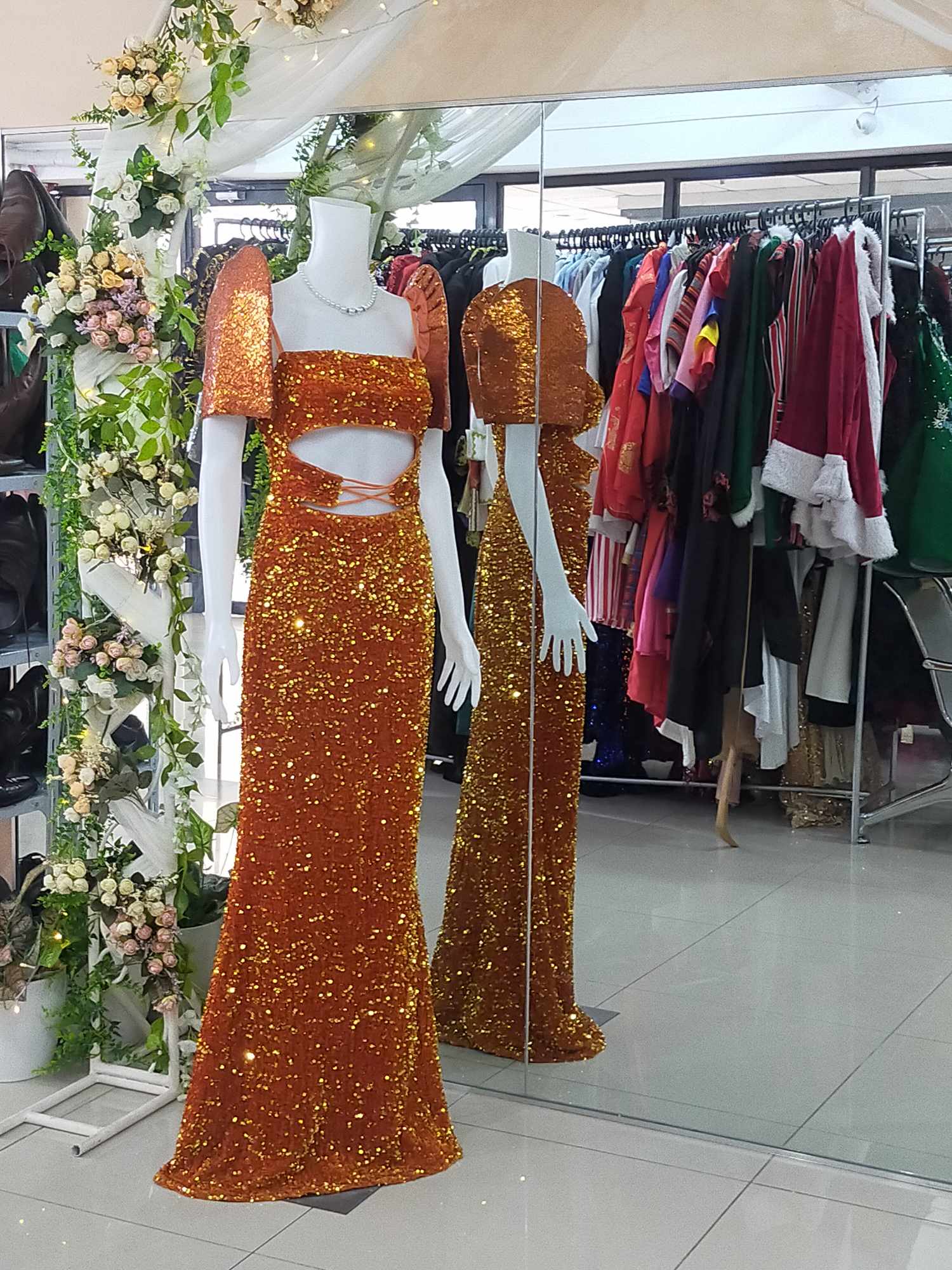 COMBI Orange Sequins Puff+Orange Front Spag Modern Filipiniana Gown 