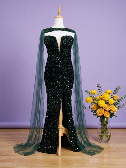 Emerald Green Tube with Mesh Cloak Sleeve Sequins Glittery Gown