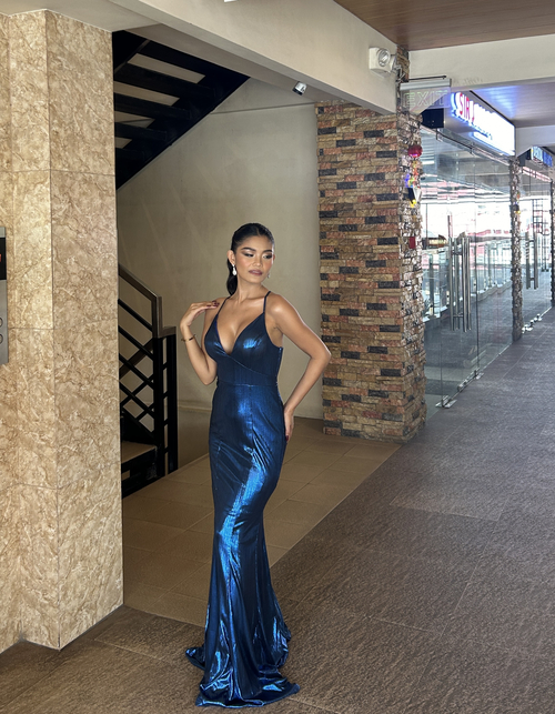 Navy Blue  Glossy Fabric Mermaid Hemline Spag Strap Long Gown