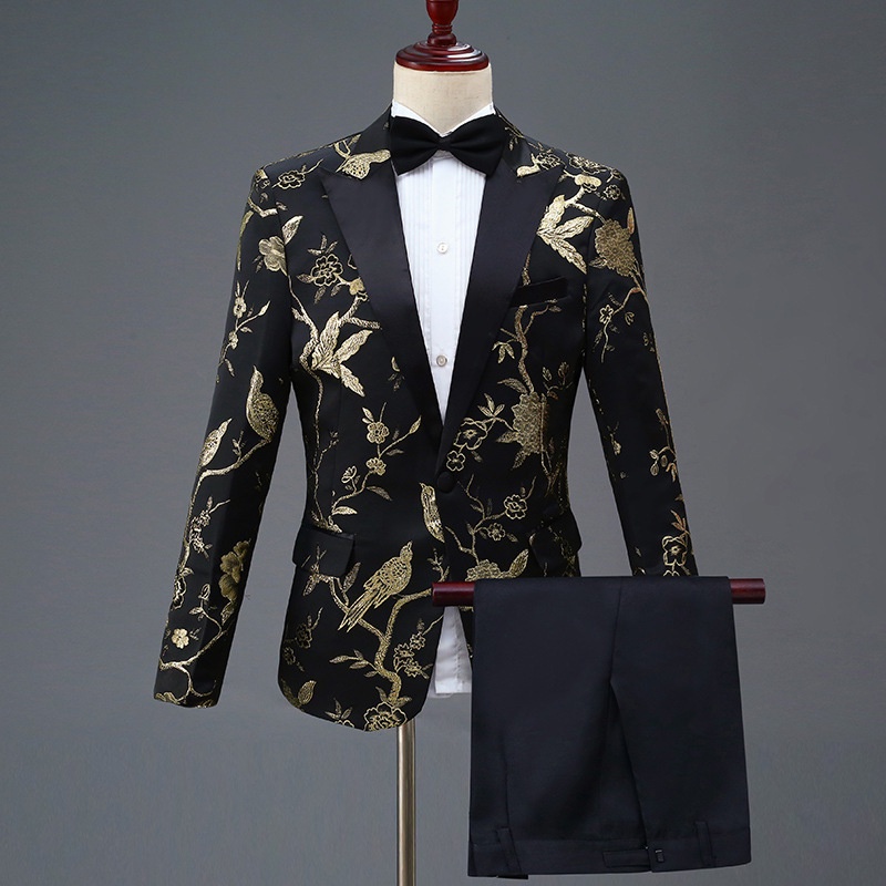 Black Gold Glittery Woodpecker Suit Tuxedo Coat