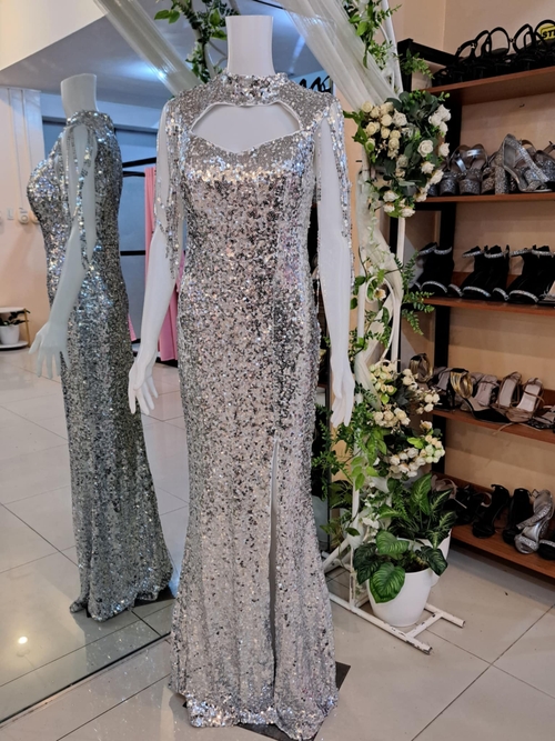 Silver Mock Neck Cut Out Front Fringed Sequin Gown