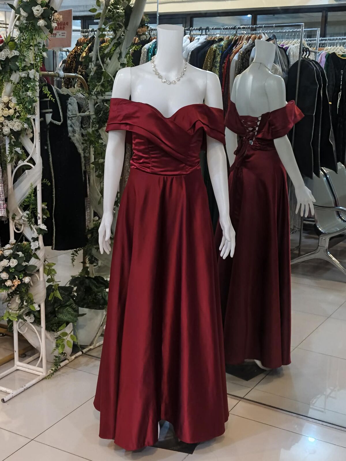 Burgundy Maroon Off shoulder Satin Bridesmaid Dress
