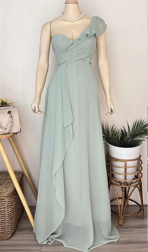Sage Green One Shoulder Ruffle Bridesmaid Gown