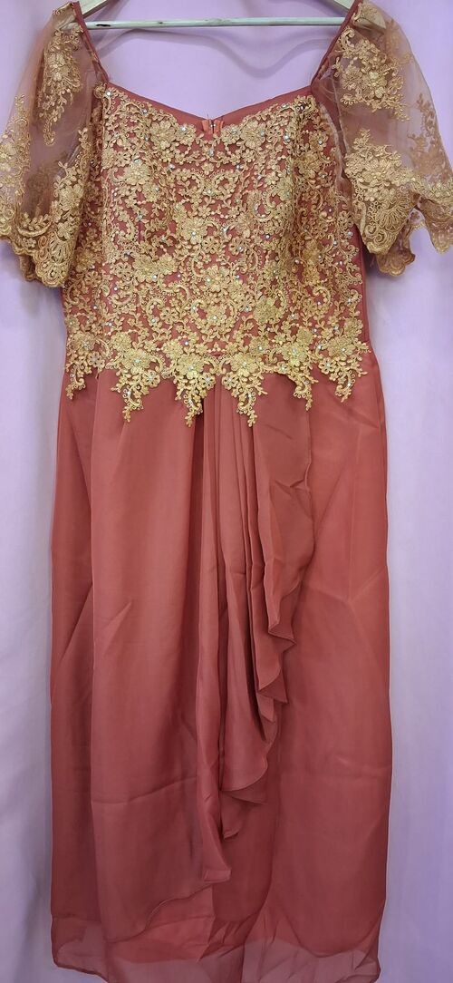 Rust Orange with Golden Lace Applique Mother Gown / Dress