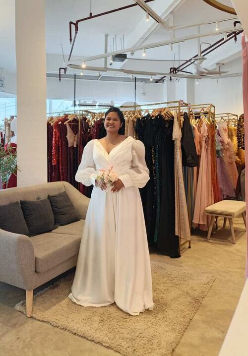 White Plus Size Satin Longsleeves Mesh Flowy Wedding Gown