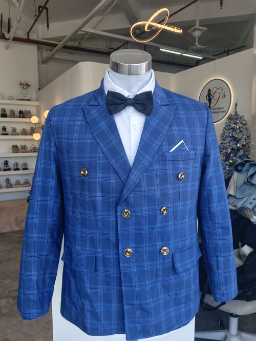 Blue Plaid Double Breasted Suit Set