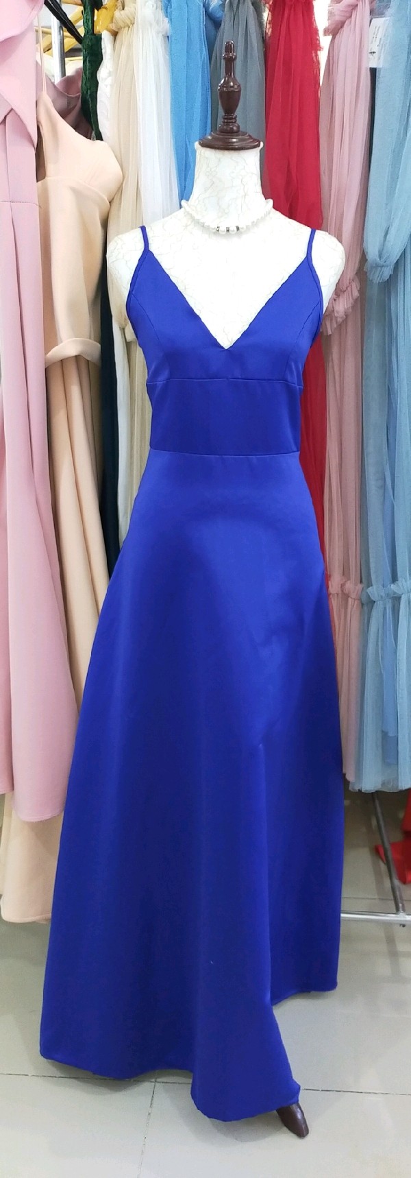 Royal Blue Deep V-Cleavage Satin Gown