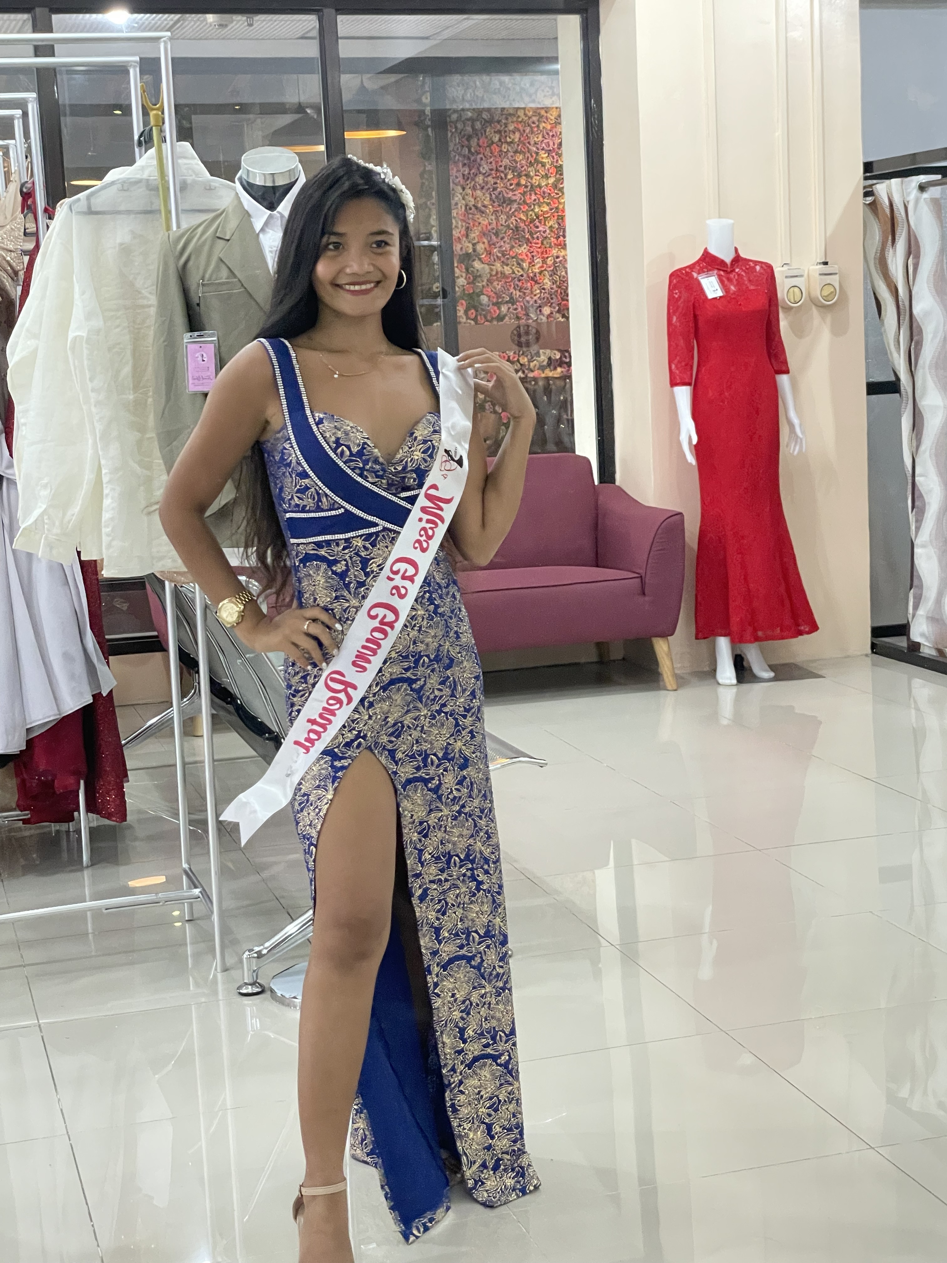 Blue Gold Cross Front Slit Gown