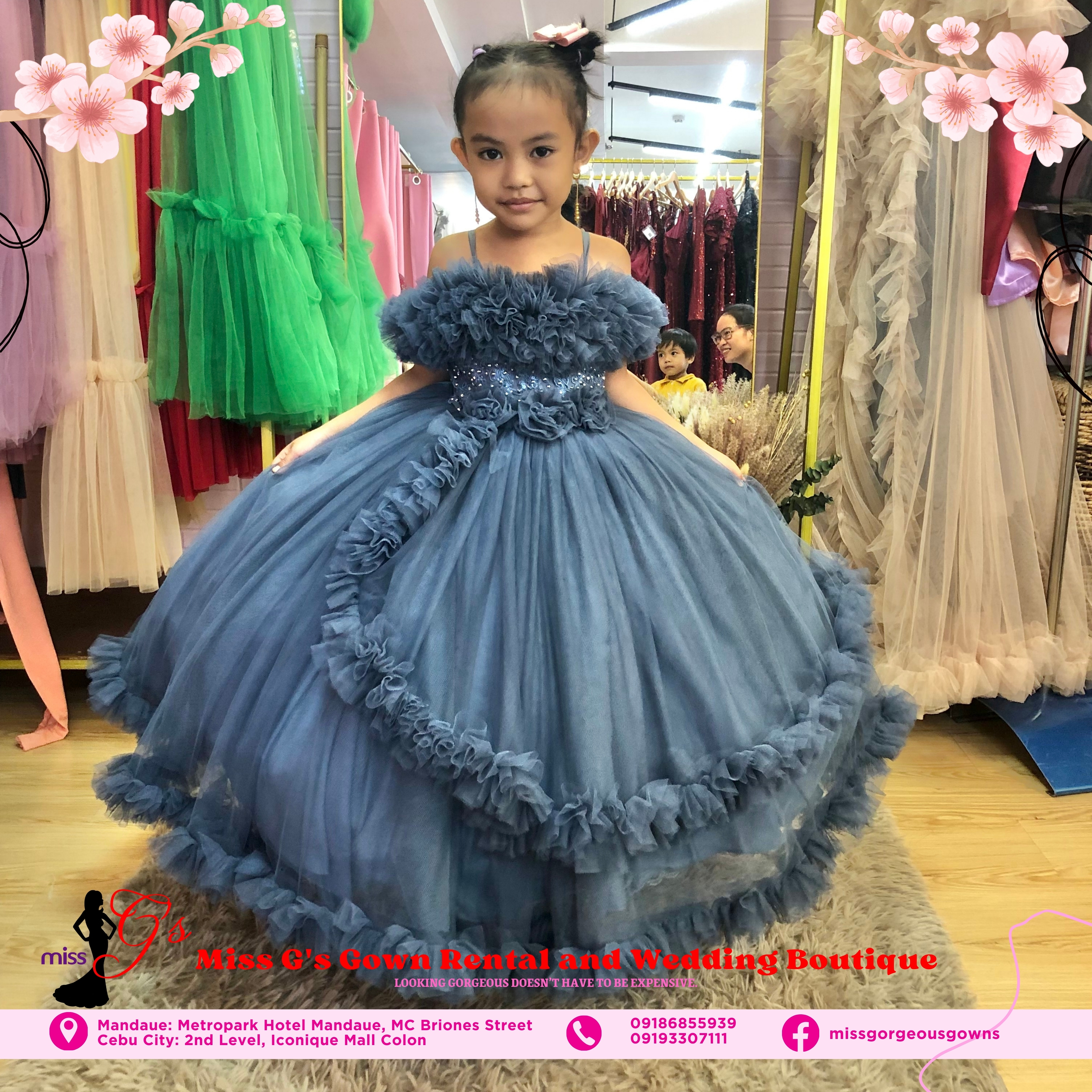 Dusty Blue Puffy Flower Girl Dress Gown Bow Kids Clothes
