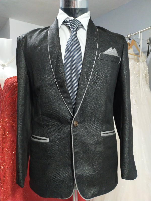 Black Shiny Gradient Gray Edges Ribbon Pocket Tuxedo  Suit Set