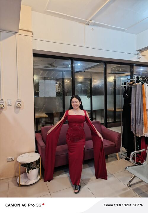 Red Maroon Square Neck Floor Length High Slit Sexy Dress 