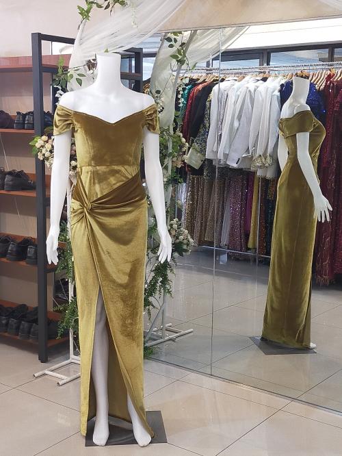 Gold Offshoulder Velvet Slit Long Gown