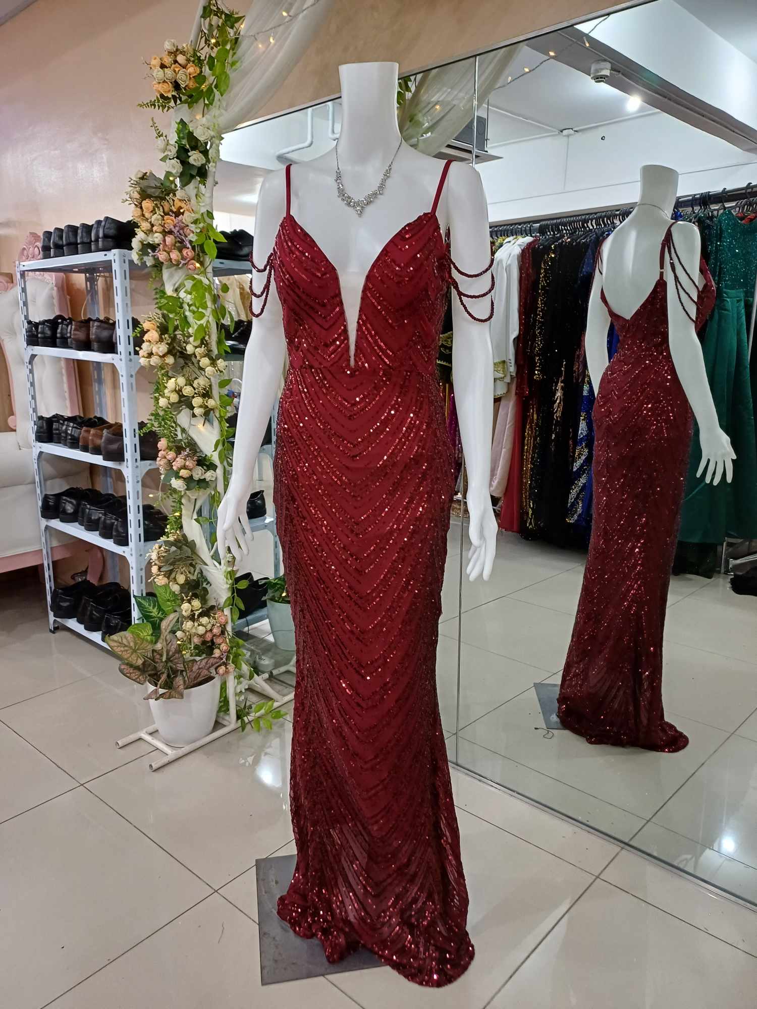 Maroon Sequins Glittery Beads Sleeves Long Gown