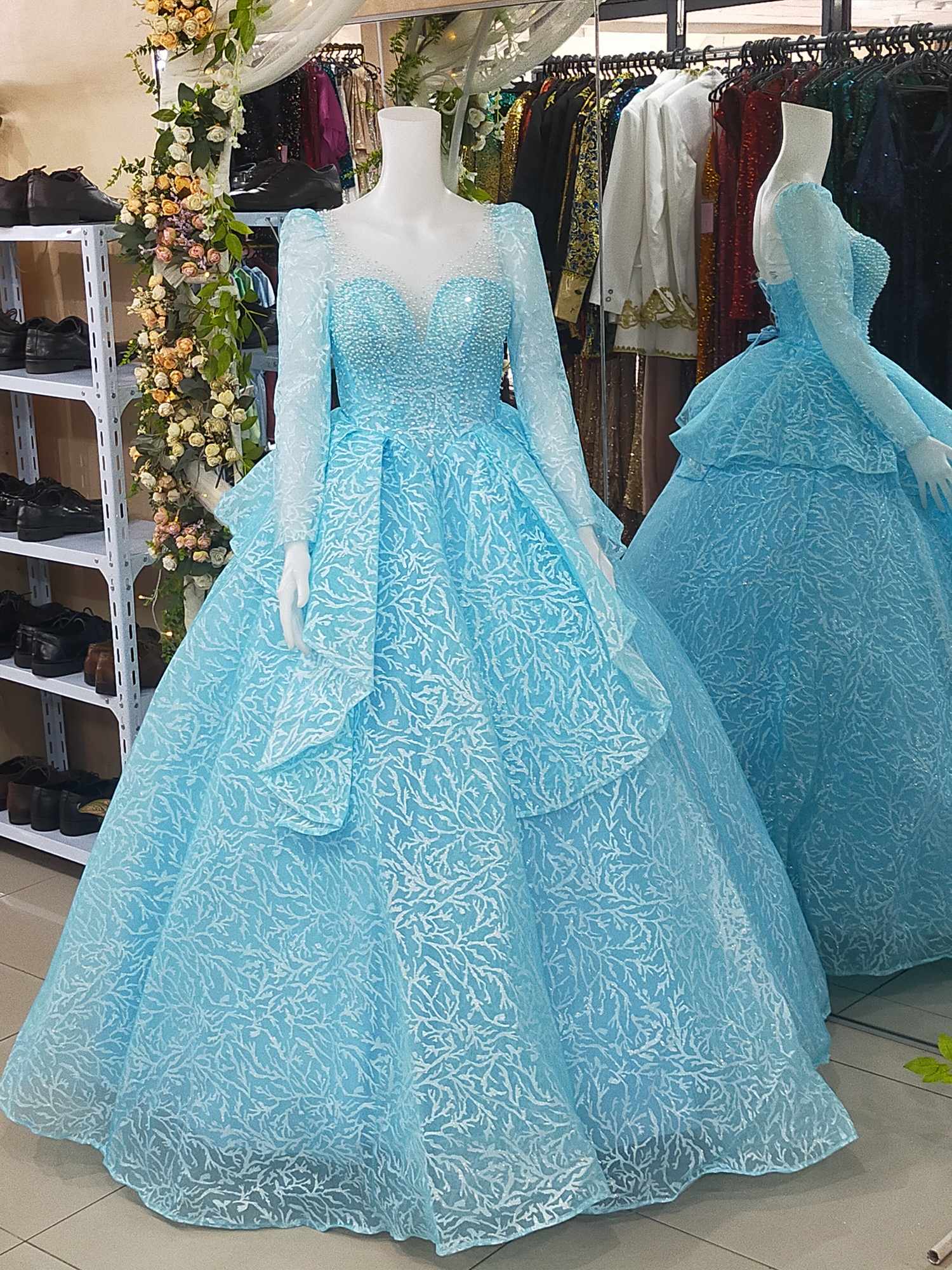 Baby Blue Crystal Beads Longsleeves Ball Gown