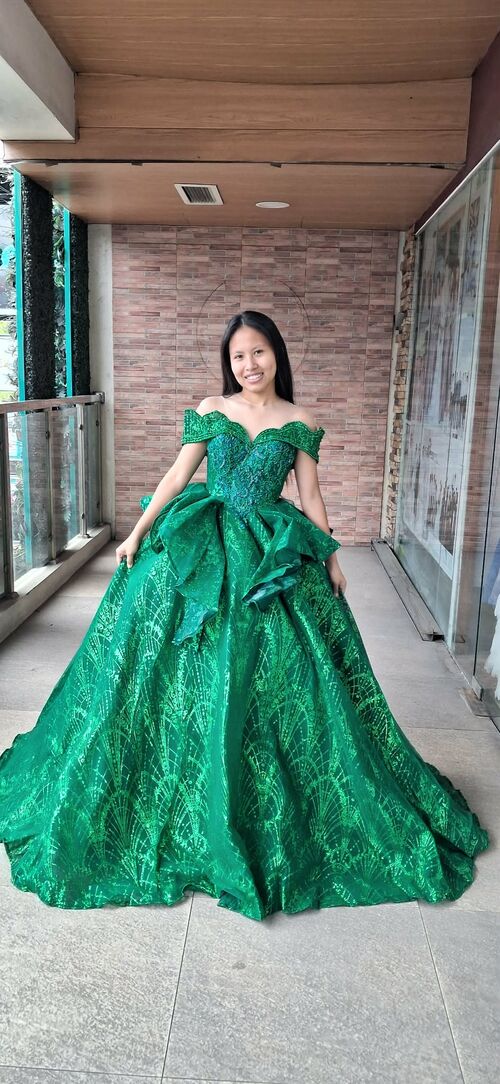 Emerald Green Off Shoulder Geometric Pattern Ball Gown