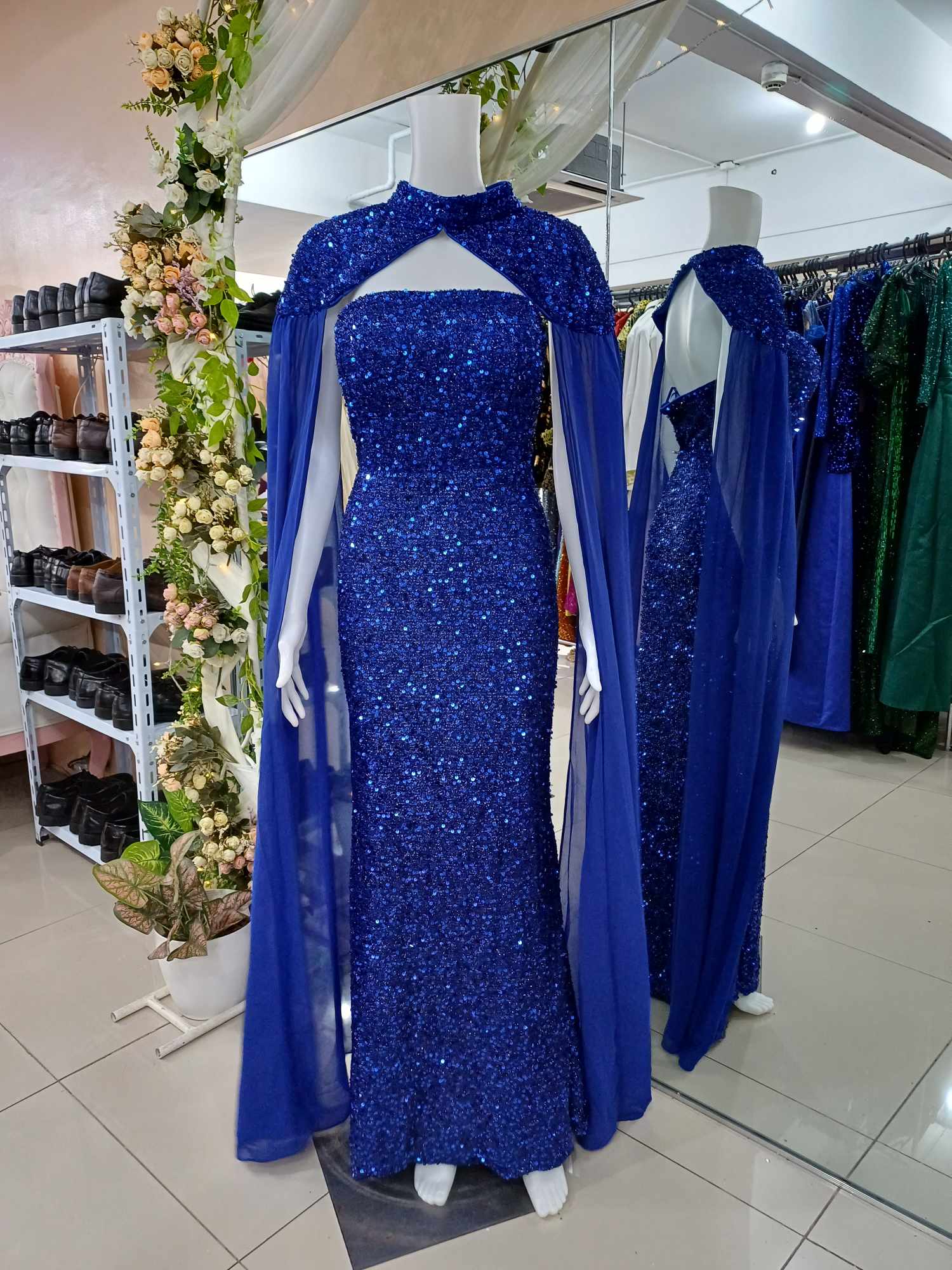 Plus Size Royal Blue Cloak Sleeve Sequins Glittery Gown