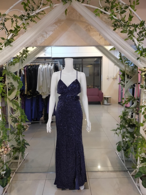 Navy Blue Sexy Backless Sequin Dress
