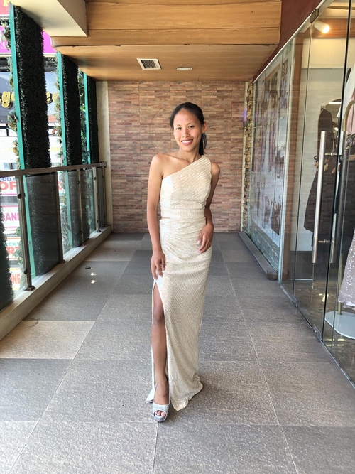 Silver Champagne One Shoulder Slit Sequins Glittery Long Pageant Gown