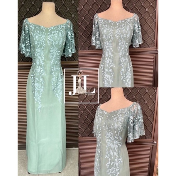 Plus Size Sage Green Free Sleeves Leaves Embroidery Mother Gown