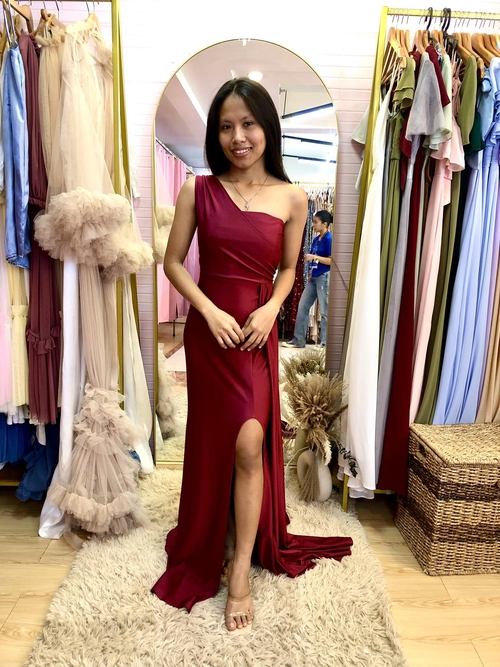 Maroon One Shoulder Draped Side Bridesmaid Dress