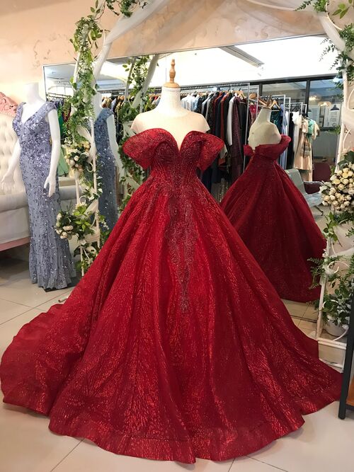 Red Padded Offshoulder Glittery Ball Gown