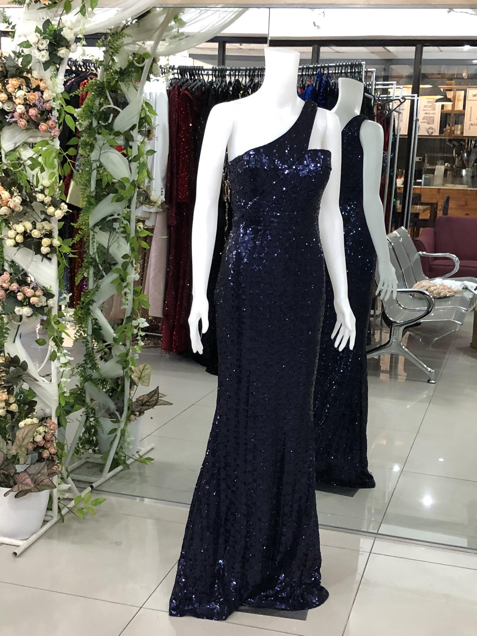 Navy Blue One Shoulder Square Sequins Long Gown
