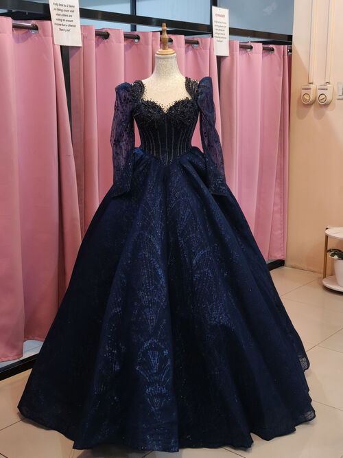 Navy blue longsleeves Corset Ball Gown