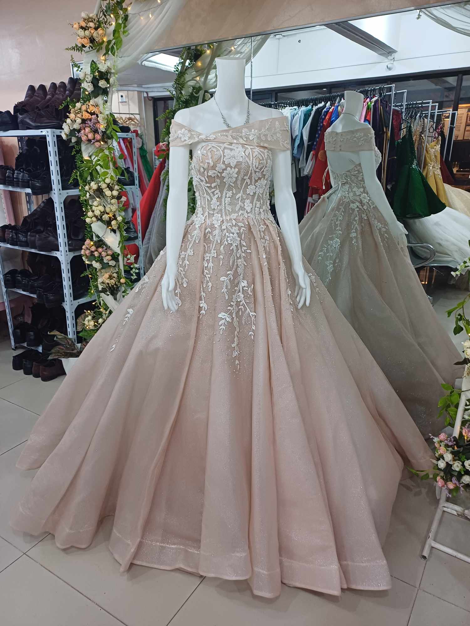 Pink Light Offshoulder With a Twist Ball Gown